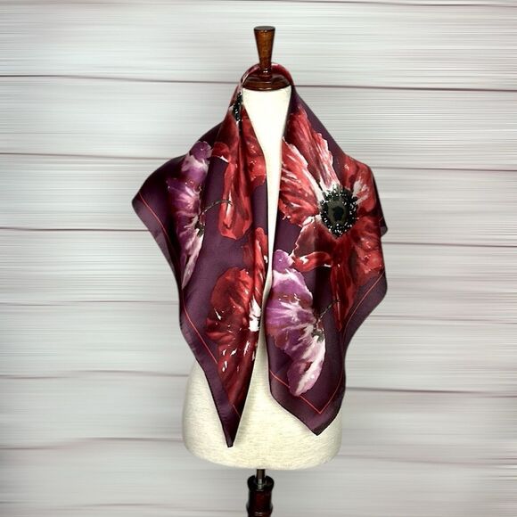 Ellen Tracy Silk Scarf Plum Color Poppy Flowers Print - Picture 4 of 11